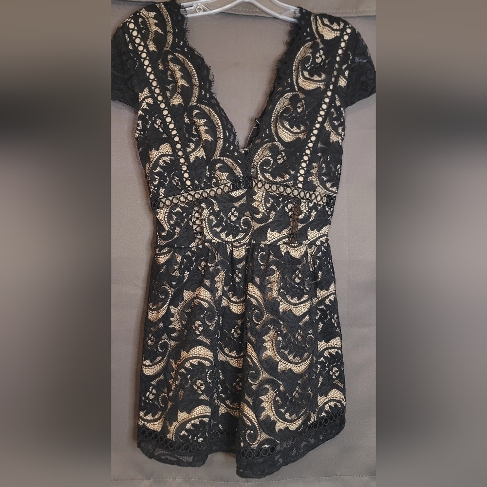 NWT Fashion Nova Sexy Black And Nude Lacey Romper With See Through Areas Sz S